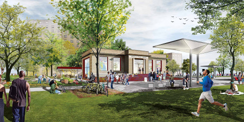Neighborhood Activation Study Brownsville Library rendering, designed by Studio Gang